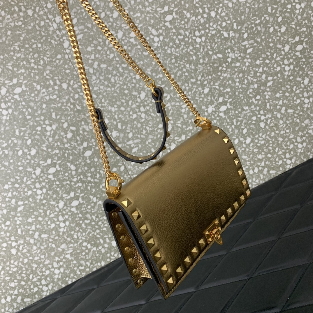 Valentino Garavani Rockstud Small Shoulder Bag in Gold Grainy Calfskin